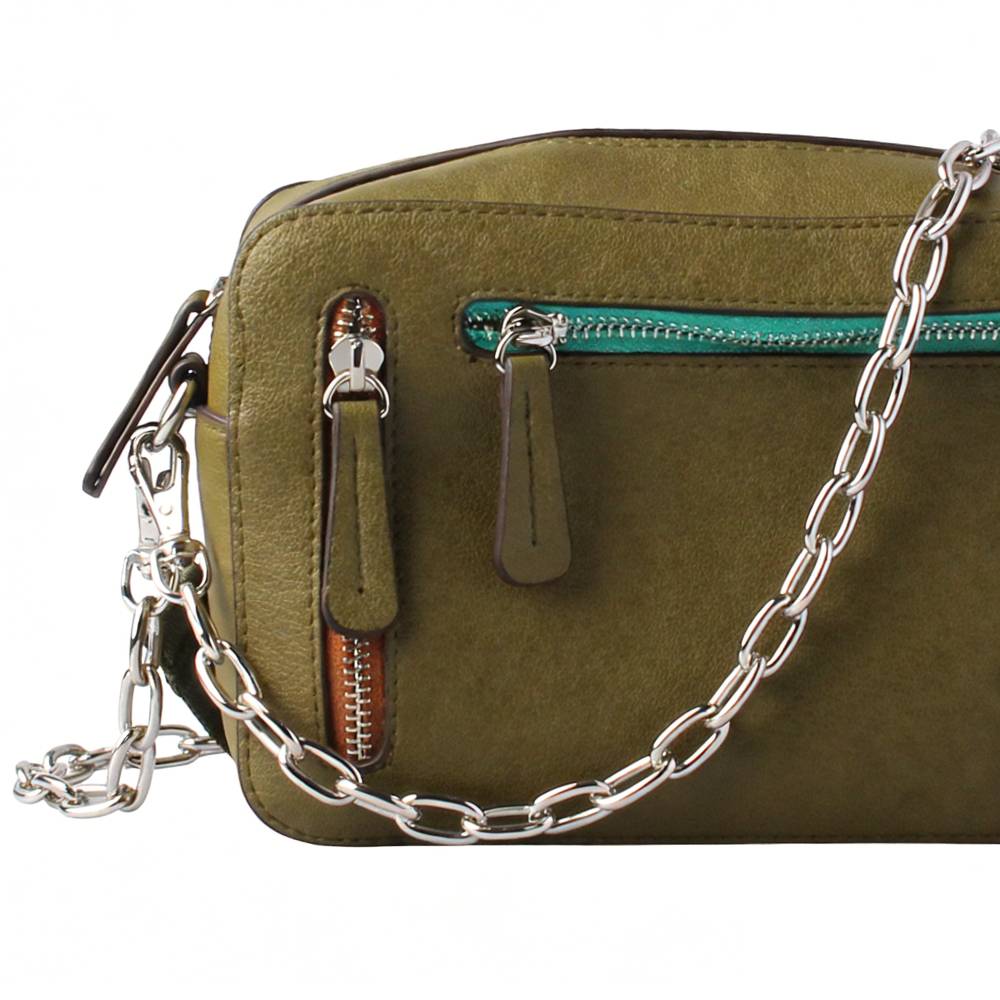Olive Green Bag with Silver Chain & Contrast Zippers - Detail