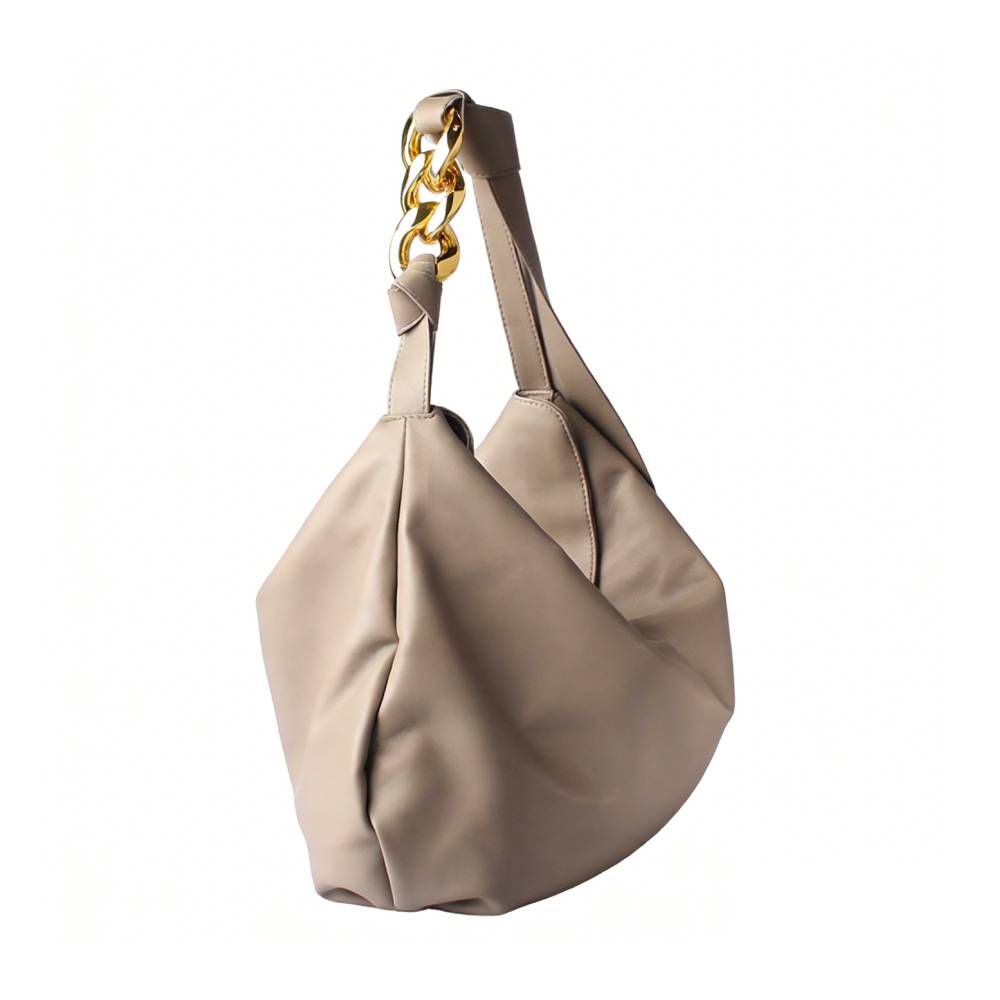 Beige Soft Hobo Bag with Gold Chain Accent - Side Angle View