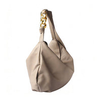 Beige Soft Hobo Bag with Gold Chain Accent - Side Angle View