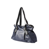 Navy Blue Ruched Faux Leather Tote Bag - Side Angle View