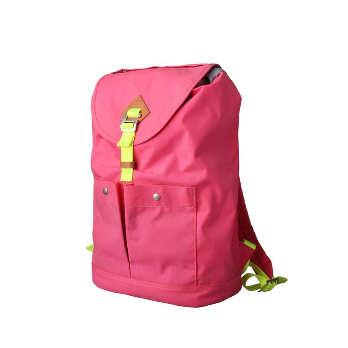 Pink Canvas Backpack with Neon Green Accents - Side Angle View