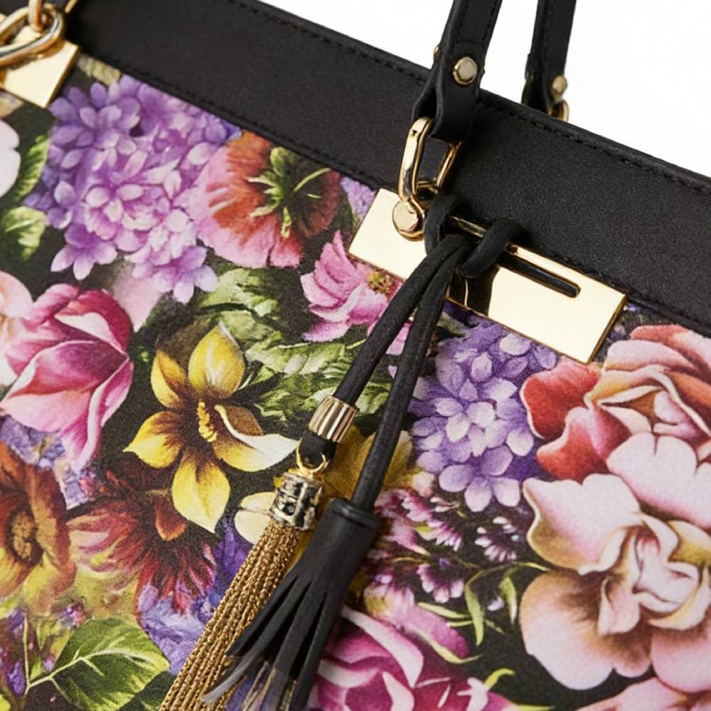 Close-up of vibrant floral print with black leather trim and gold tassel details, showcasing premium material and decorative design.