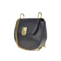 Dark Grey Smooth Saddle Bag with Gold Chain Strap - Side Angle View