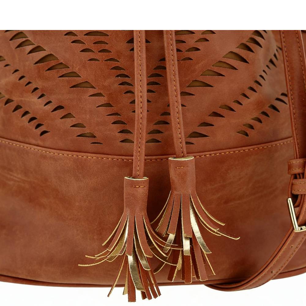 Close-up of interior view of brown leather bucket bag, showing spacious opening and drawstring closure mechanism.