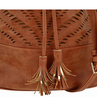Close-up of interior view of brown leather bucket bag, showing spacious opening and drawstring closure mechanism.