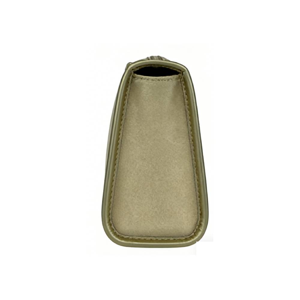 Side view of a small beige zippered pouch with open top, showing compact trapezoidal shape and precise edge stitching.
