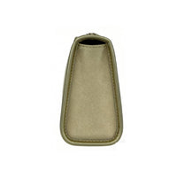 Side view of a small beige zippered pouch with open top, showing compact trapezoidal shape and precise edge stitching.