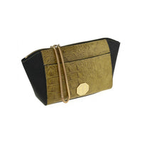 Side view of structured two-tone clutch bag, showing compact shape and mixed crocodile/snakeskin texture.