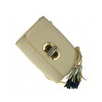 Beige flap shoulder bag with geometric gold turn-lock closure and multi-color tassel, elegant casual everyday purse.