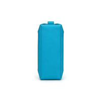 Bottom view of a bright cyan travel toiletry bag, showing structured rectangular shape and reinforced base for long-lasting durability.