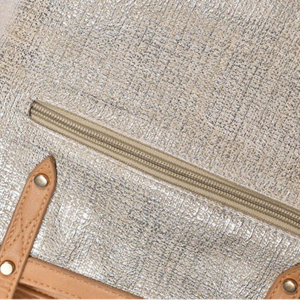 Woven Tote Bag - Back Zipper Pocket & Leather Trim Detail View