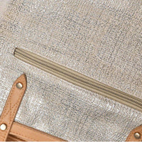 Woven Tote Bag - Back Zipper Pocket & Leather Trim Detail View