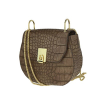 Brown Crocodile Embossed Saddle Bag with Gold Chain - Full Angle View