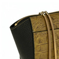 Close-up of dual-textured material: olive green crocodile-embossed leather and black snakeskin-embossed leather, highlighting premium mixed-material craftsmanship.
