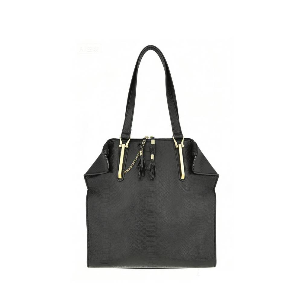 Black snakeskin-textured structured tote bag with gold hardware and tassel accents, versatile shoulder bag for wholesale.