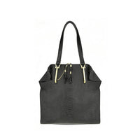 Black snakeskin-textured structured tote bag with gold hardware and tassel accents, versatile shoulder bag for wholesale.