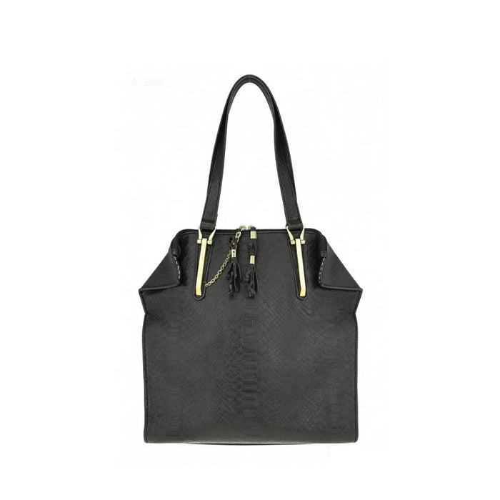 Black snakeskin-textured structured tote bag with gold hardware and tassel accents, versatile shoulder bag for wholesale.