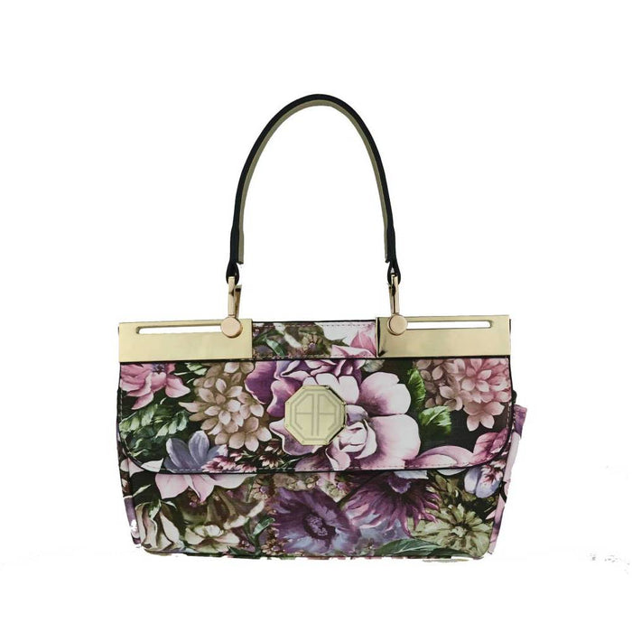Floral Print Structured Handbag with Top Handle - Full Front View