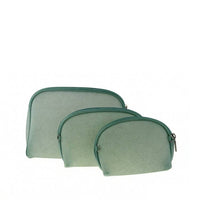Three mint green curved-top zippered pouches in small, medium, and large sizes, displayed side by side for wholesale packaging.