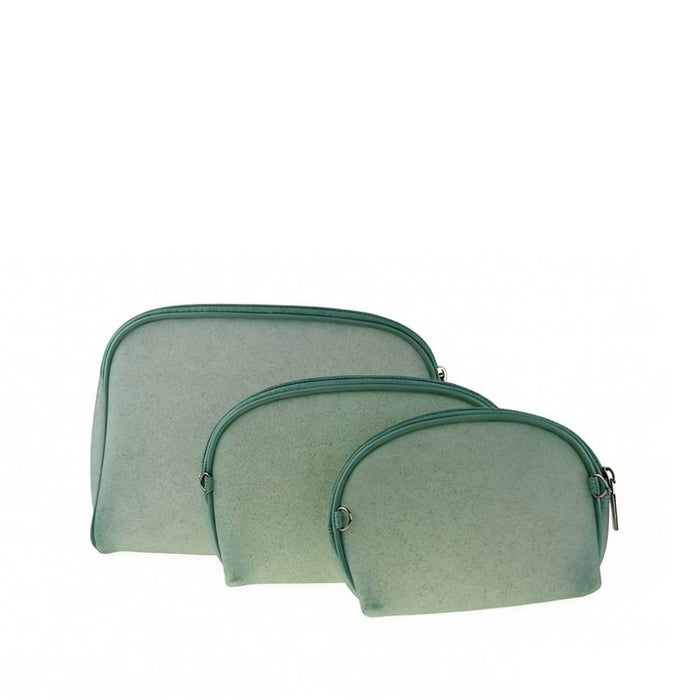 Three mint green curved-top zippered pouches in small, medium, and large sizes, displayed side by side for wholesale packaging.