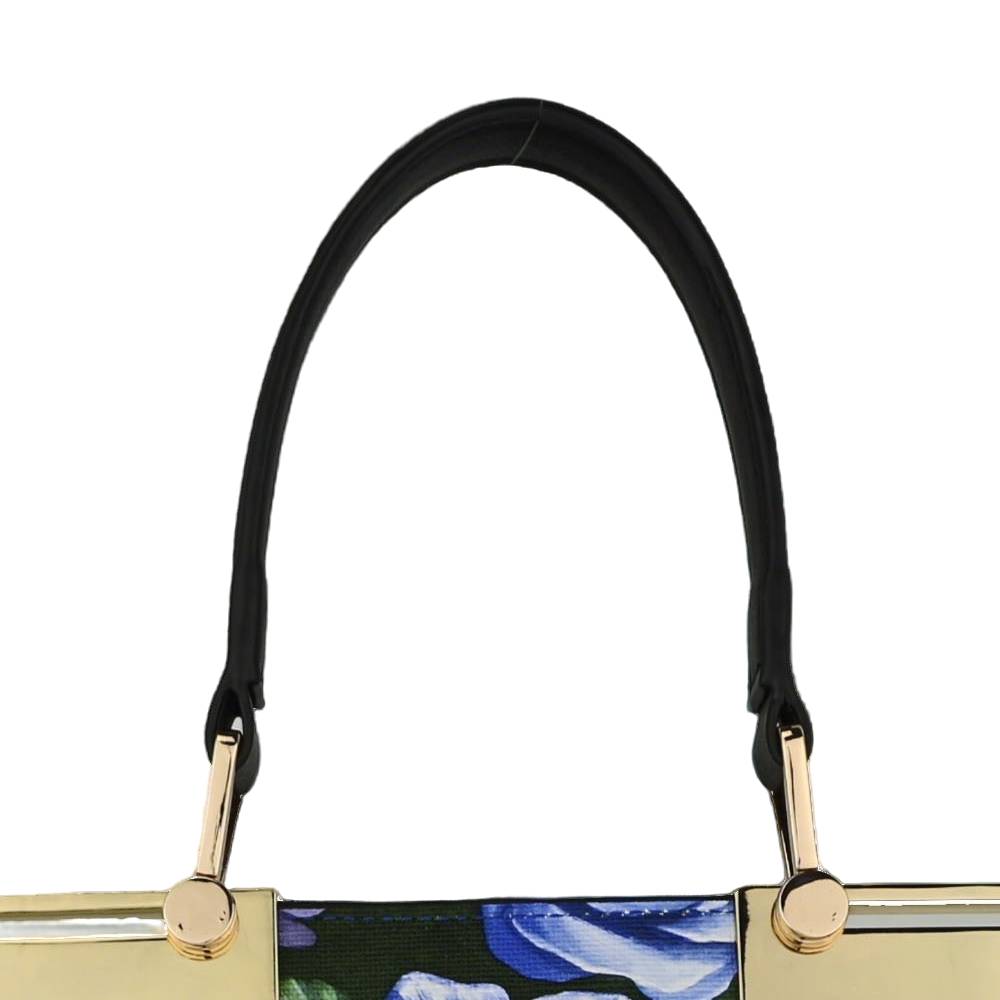 Blue & Purple Floral Handbag - Black Top Handle & Gold Hardware Detail View