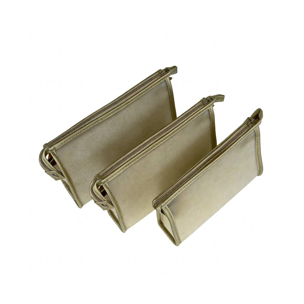 Set of three nested beige zippered pouches in small, medium, and large sizes, displayed at an angle to showcase tiered dimensions for organized storage.