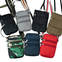Set of six quilted crossbody bags in assorted colors (black, gray, black, brown, navy, red), showcasing color variety for wholesale.