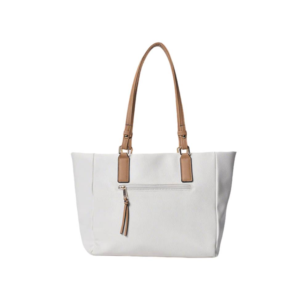 Side view of white pebbled leather tote bag, showing spacious capacity and durable construction.