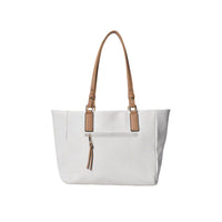Side view of white pebbled leather tote bag, showing spacious capacity and durable construction.