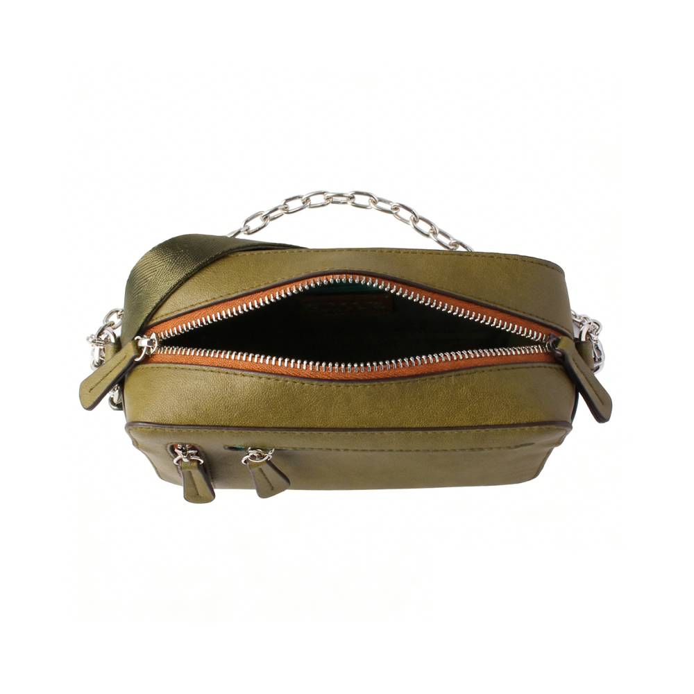 Olive Green Faux Leather Crossbody Bag - Open Interior View