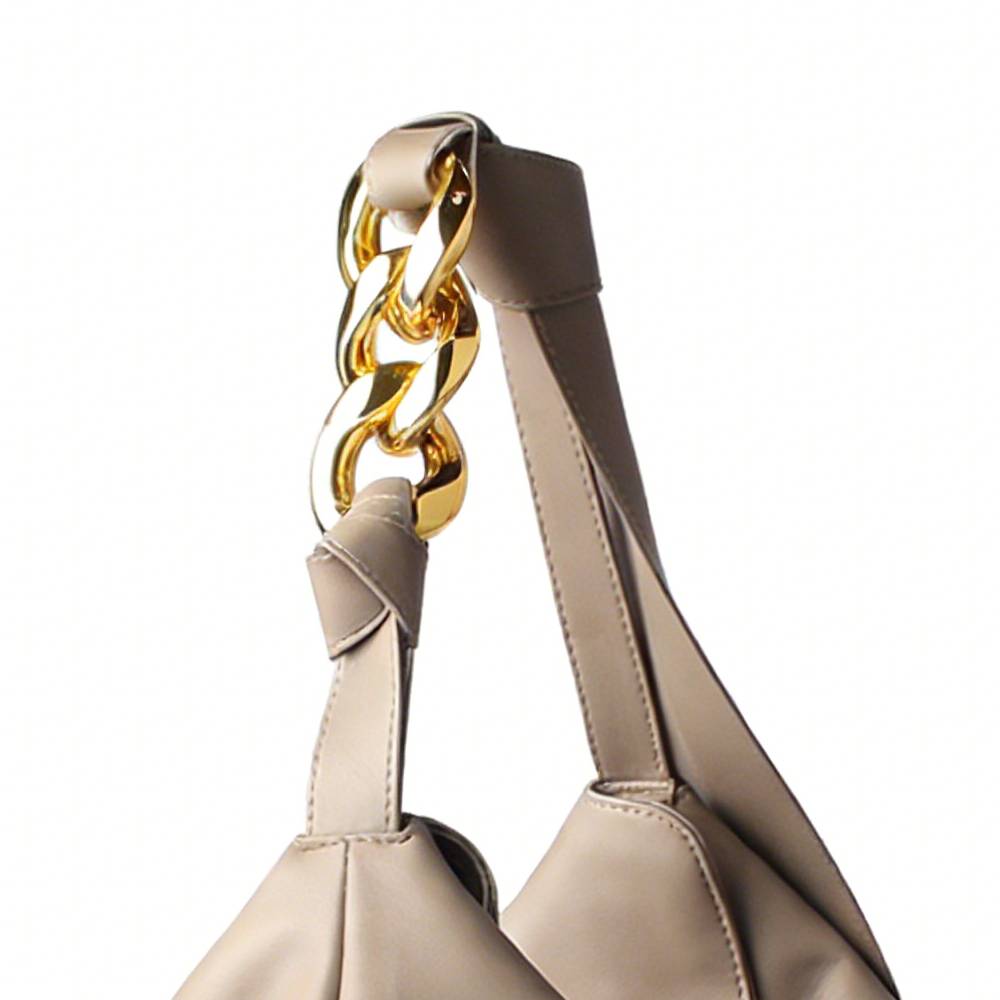 Beige Hobo Bag with Chunky Gold Chain Strap Detail