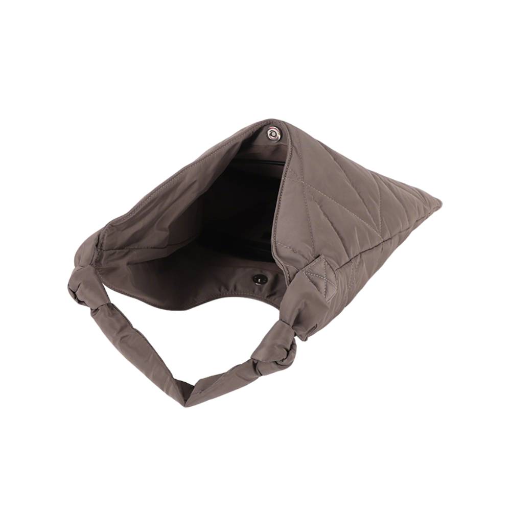 Dark Brown Padded Nylon Shoulder Bag - Open Interior View