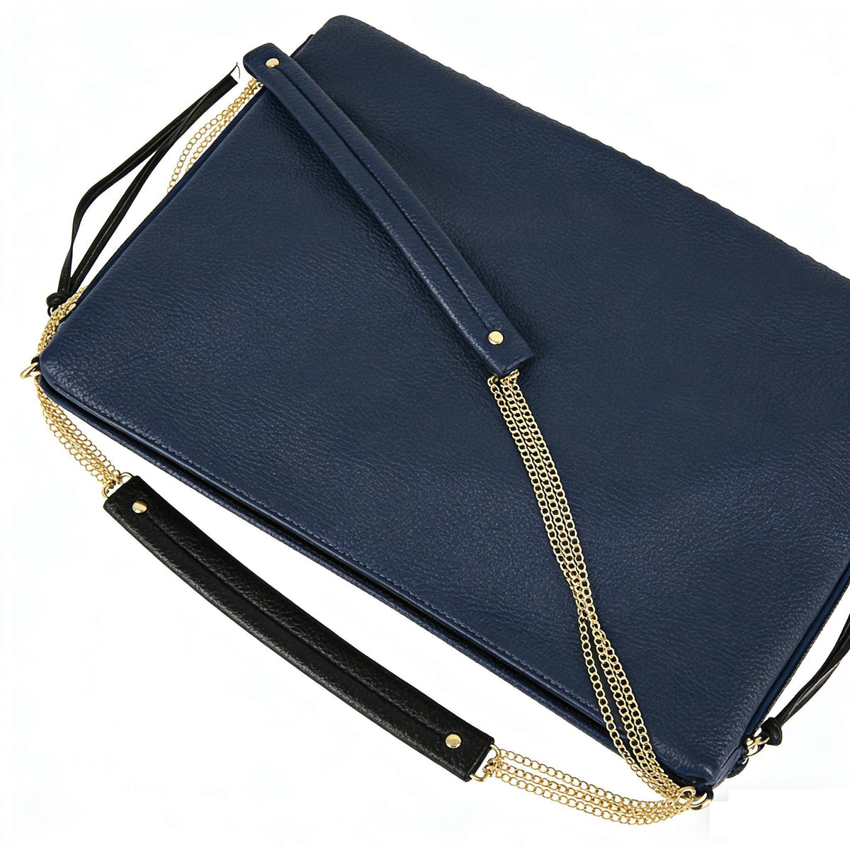 Navy blue pebbled leather clutch bag with gold chain crossbody strap, leather wristlet, and zipper closure, versatile durable evening shoulder bag for wholesale and everyday use.