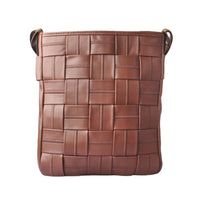 Front view of a brown woven leather crossbody bag with a checkered woven pattern, ideal for product listing and wholesale catalogs.