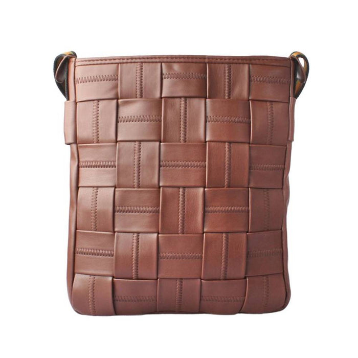 Front view of a brown woven leather crossbody bag with a checkered woven pattern, ideal for product listing and wholesale catalogs.