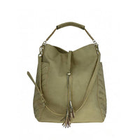 Beige hobo bag with wave laser-cut side panels, gold chain handle, and tassel accents, spacious shoulder bag for wholesale.