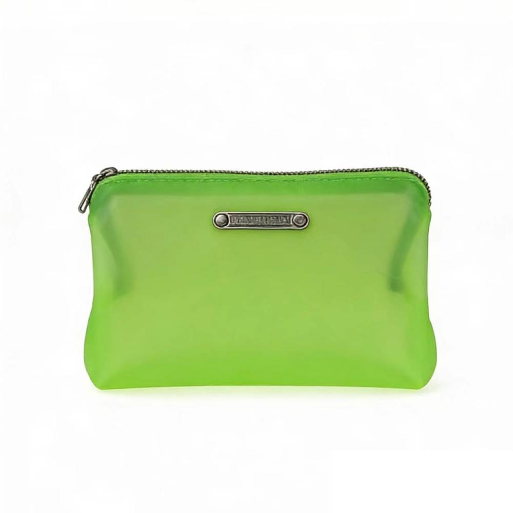 Front view of a lime green frosted translucent zippered pouch with matching green zipper and silver metal hardware, highlighting its smooth rubber-like texture.