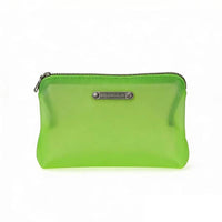 Front view of a lime green frosted translucent zippered pouch with matching green zipper and silver metal hardware, highlighting its smooth rubber-like texture.