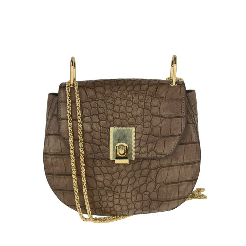 Brown Crocodile Embossed Saddle Bag with Gold Lock - Full Front View