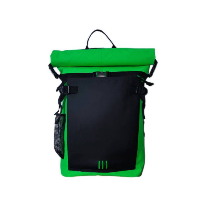 Green & Black Color Block Roll Top Backpack with Front Pocket - Full Front View