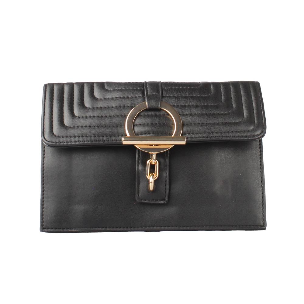 black Metallic Quilted Clutch Bag with Gunmetal Ring Clasp - Front View