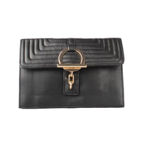 black Metallic Quilted Clutch Bag with Gunmetal Ring Clasp - Front View