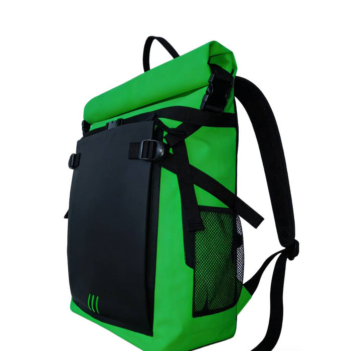 Green & Black Roll Top Backpack - Side Mesh Pocket & Strap Detail View