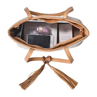 Metallic Silver Tote Bag - Open Interior with Compartments & Daily Essentials View