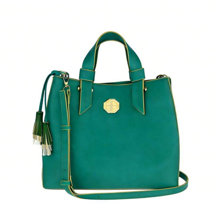 Teal green leather satchel bag with gold octagonal emblem, top handles, and adjustable crossbody strap, elegant work bag for women.