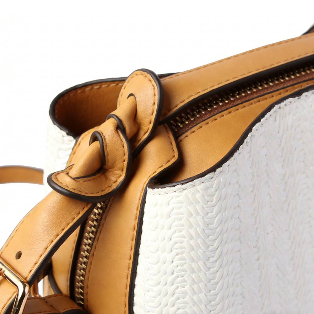 Two-Tone Woven Bag with Leather Knot Detail & Gold Zipper