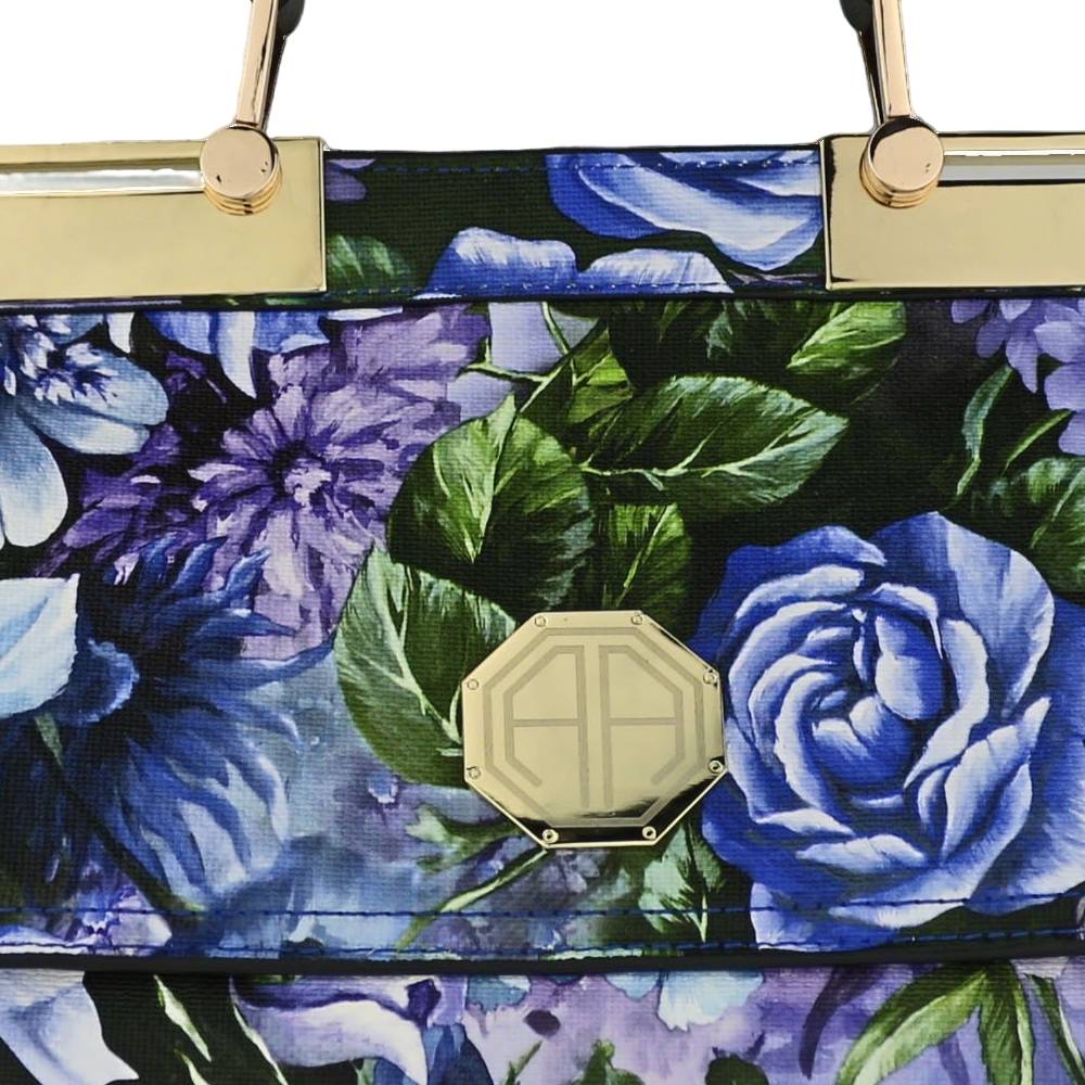 Blue Floral Print Handbag - Gold Monogram Emblem & Floral Pattern Detail View