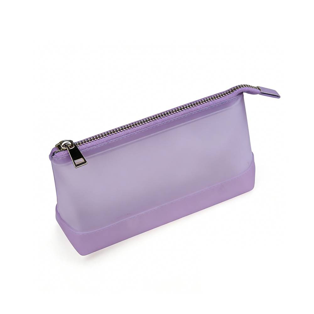Light purple frosted translucent zippered pouch with solid rubber base and silver metal zipper pull, ideal for organizing small stationery or cosmetics.
