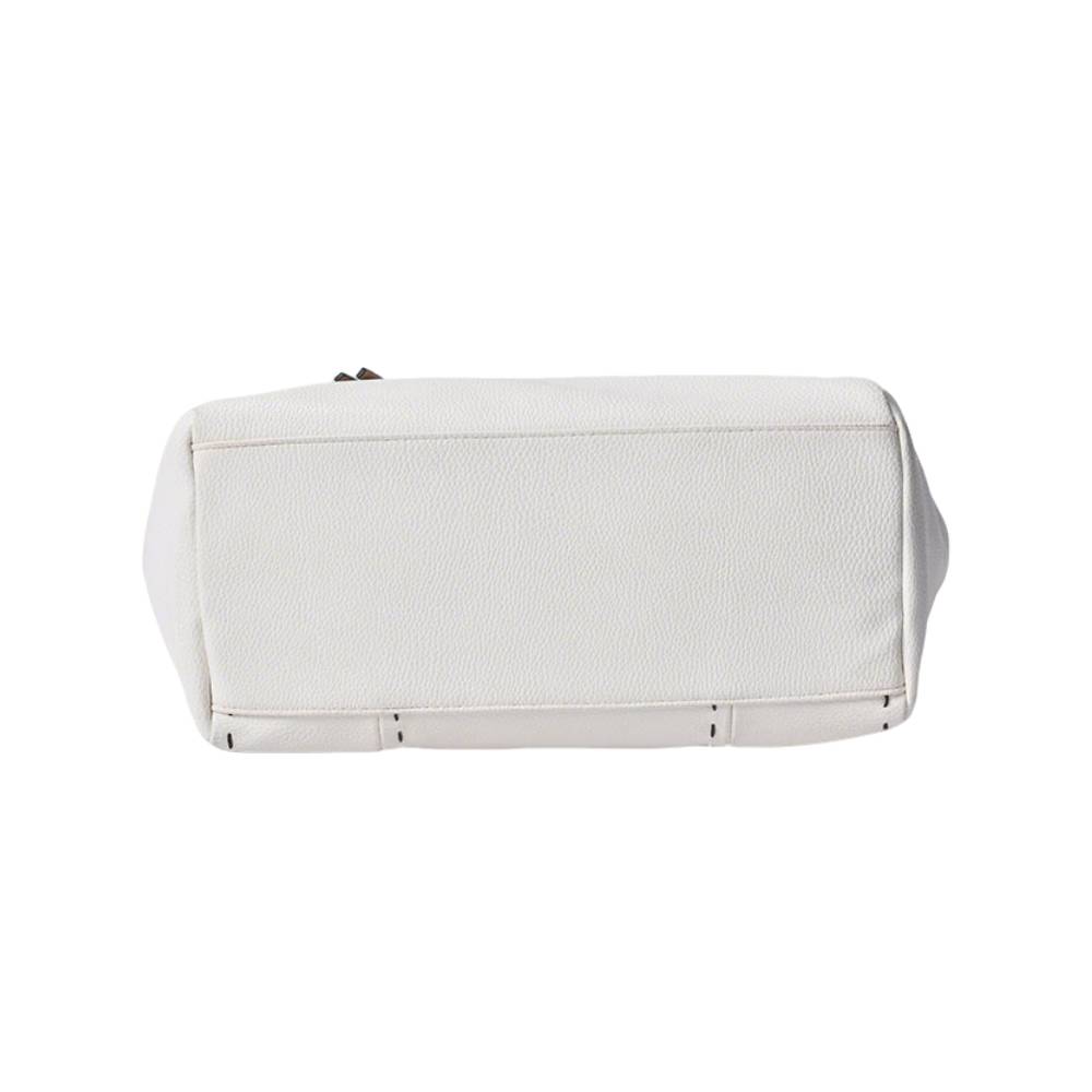 Side view of white pebbled leather tote bag, showing spacious capacity and durable construction.