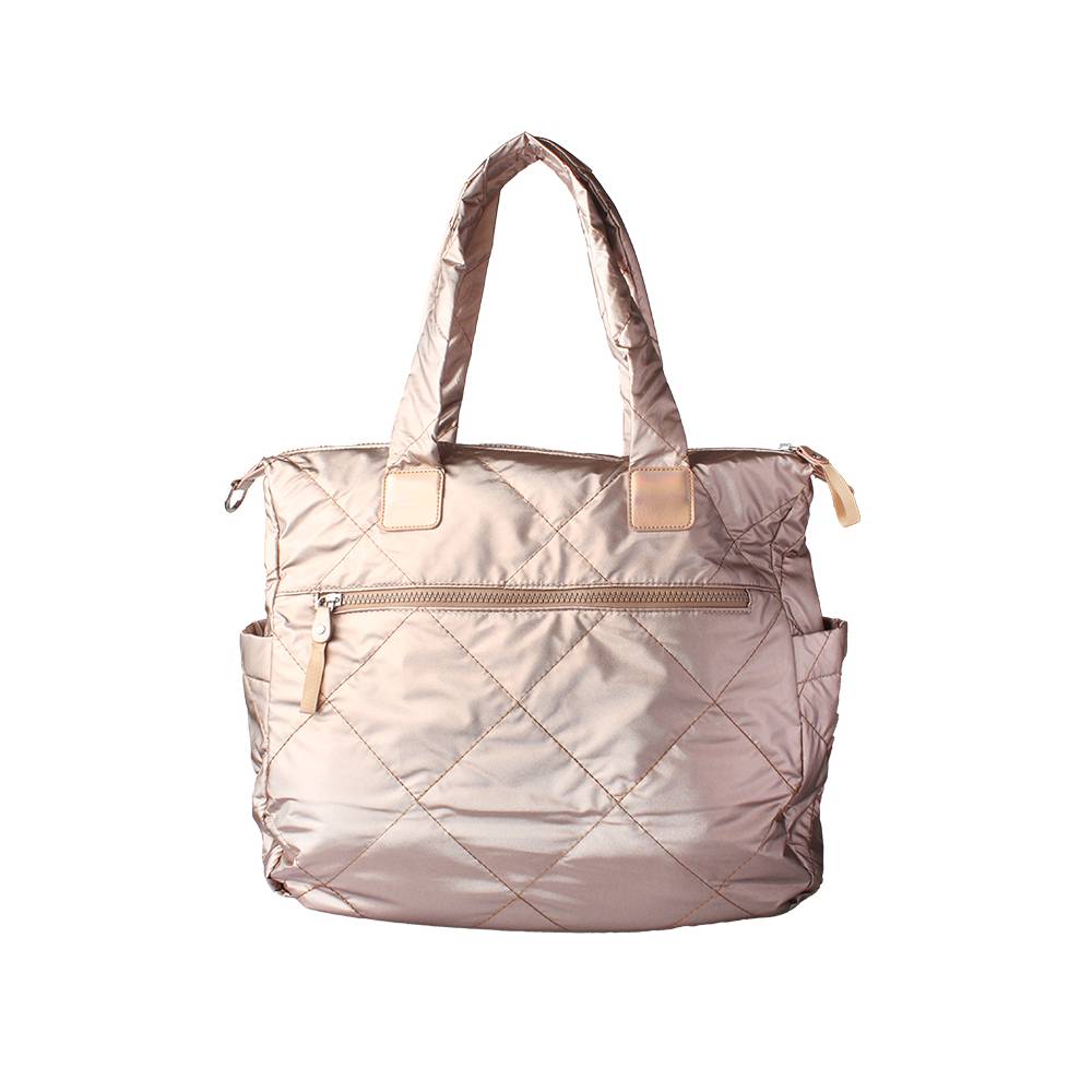 Champagne Gold Quilted Satin Tote Bag with Front Zipper Pocket - Full Front View
